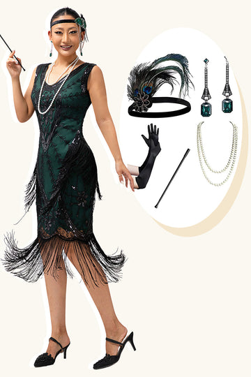Preto Verde Lantejoulas Fringe V Neck 1920s Vestido com 5-Piece Acessórios set